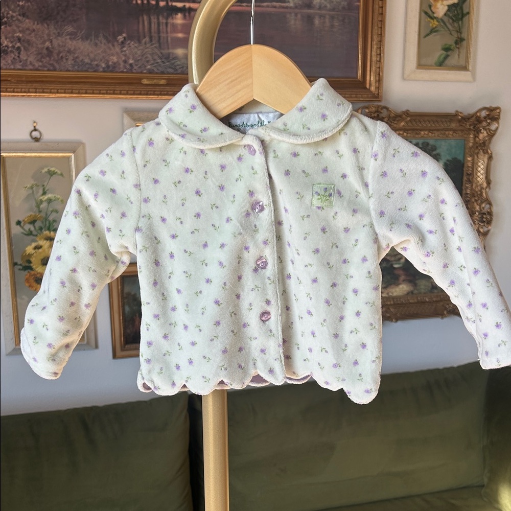 Vintage Cottagecore Baby Cardigan with Purple Floral Accents